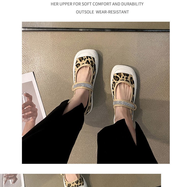 Giày đơn nữ đế bệt mũi vuông mới mùa hè 2021 tất cả- diêm dúa Velcro Leopard print đậu Hà Lan nhẹ nhàng