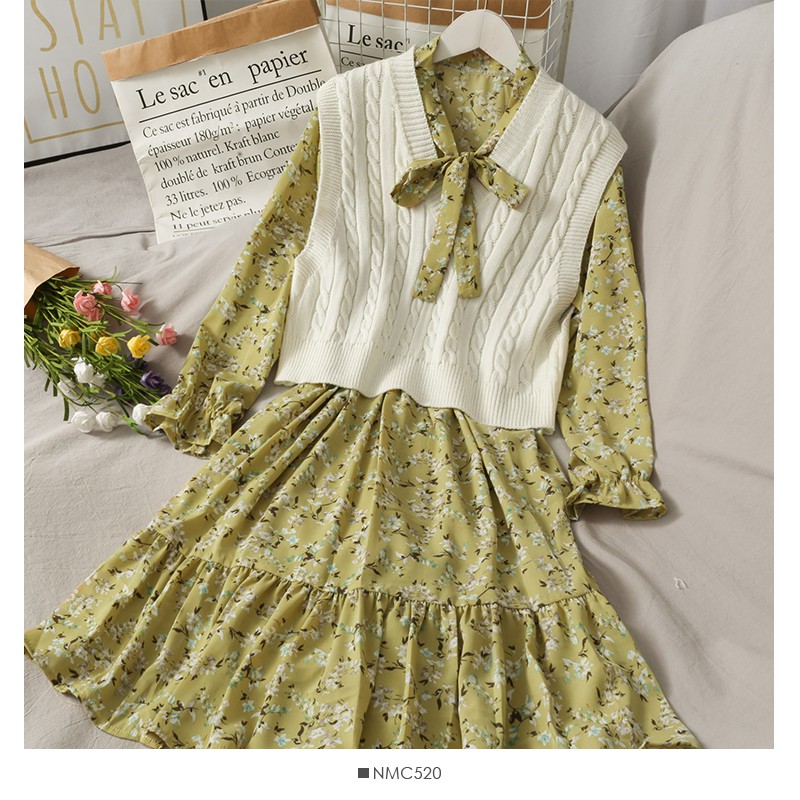 Set váy hoa + áo gile len freesize