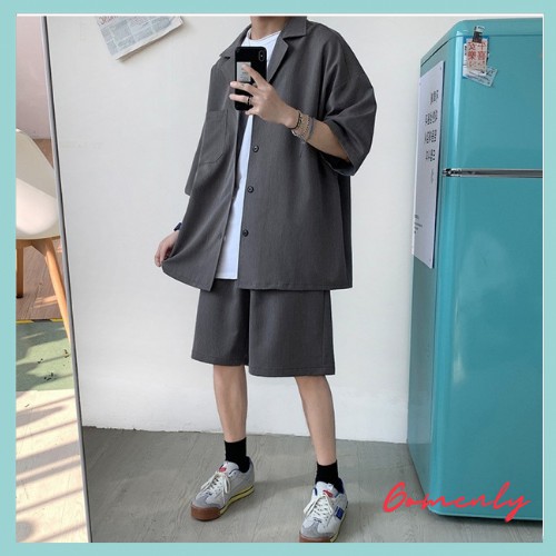 SET Blazer Quần Short nam phong cách Hàn Quốc, Tay lỡ Form Dáng Rộng Mùa Hè Thu 2021-Unisex Loại 1- Blazer Quần Short MS