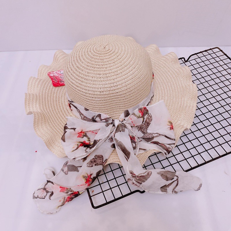 NÓN CÓI ĐI BIỂN - Vành rộng lượn sóng thắt nơ hoa văn