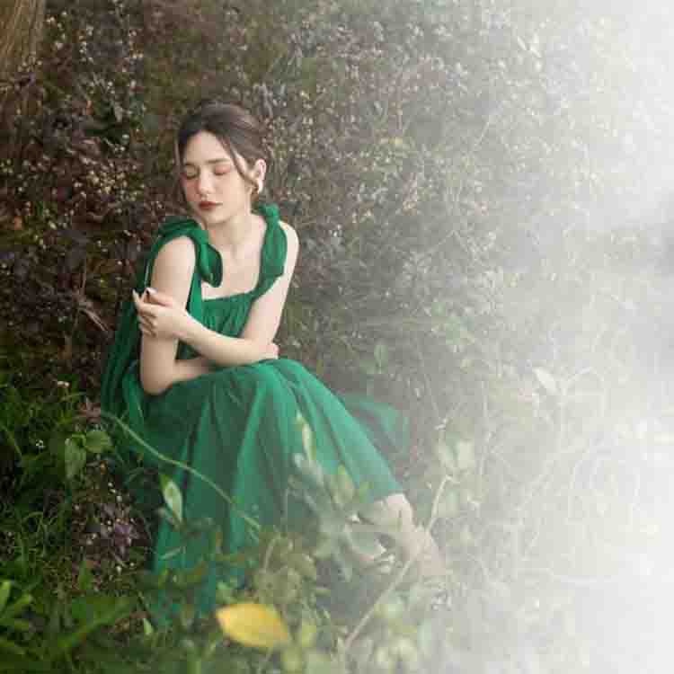 Đầm 2 dây bản to thắt nơ vai chun ngực Váy đuôi cá chất đũi loại 1