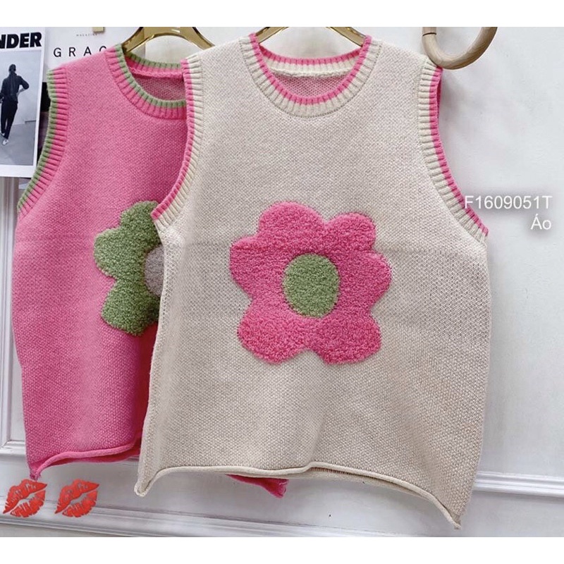 Áo len cổ tròn sát nách viền màu hình hoa to