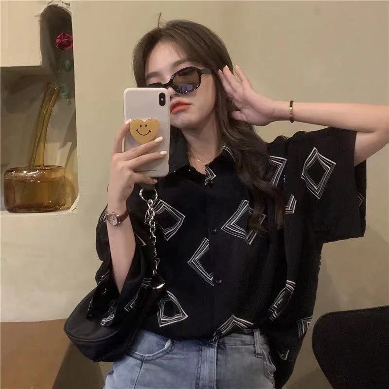 SUXI Áo sơ mi tay ngắn màu đen cổ điển chống nắng thời trang mùa hè dành cho bạn nữ