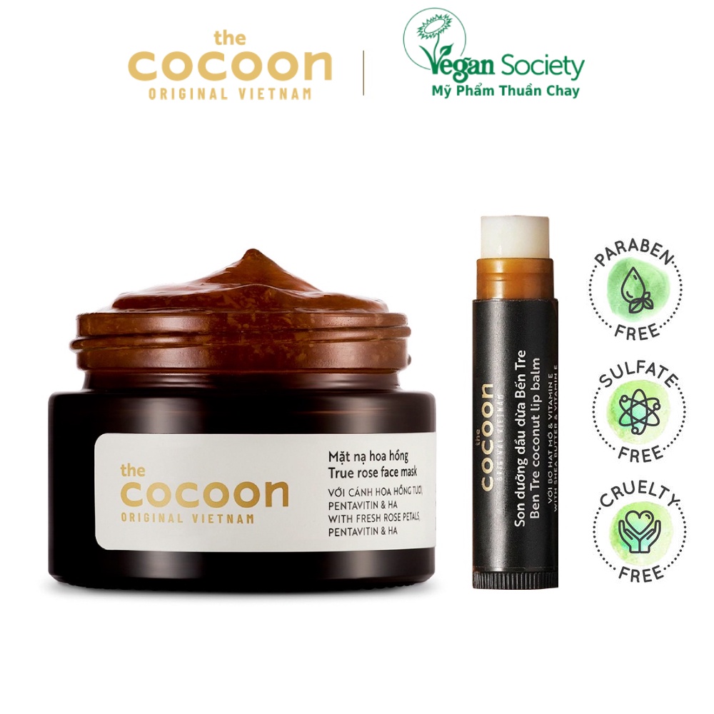Combo Mặt nạ hoa hồng cocoon 30ml + Son dưỡng dầu dừa bến tre cocoon 5g - Vegan Society