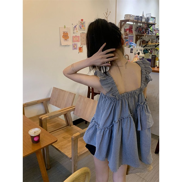 Áo Cotton Hai Dây Nhún Bèo Họa Tiết Kẻ Sọc Phong Cách Retro Phương Tây Thời Trang Mùa Hè Hàng Mới