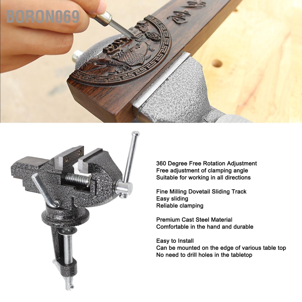 Boron069 Ghế dài Vise xoay 360 độ Kẹp nhỏ bằng thép đúc trên bàn để chế biến đồ trang sức gỗ