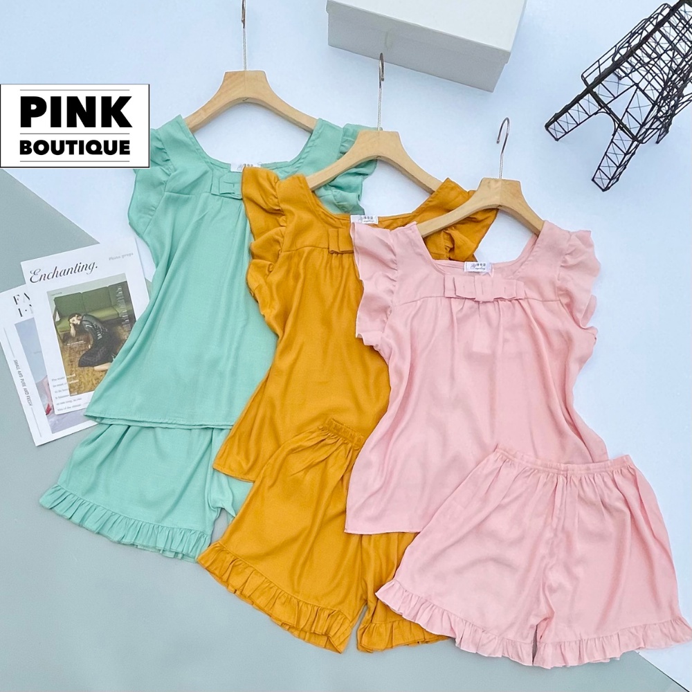 Đồ Bộ Đũi Nữ Mặc Nhà Ngủ Mùa Hè Áo Tay Cánh Tiên Quần Short Hàng Thiết Kế PINK BOUTIQUE Bộ Nơ