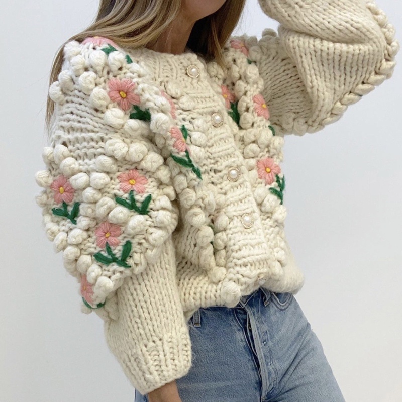 Áo Khoác Sweater Dệt Kim Tay Dài In Hoa Dễ Thương Cho Nữ
