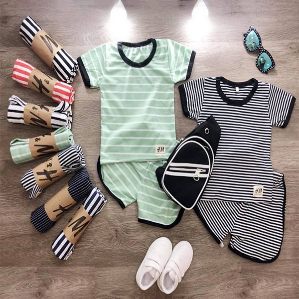 Bộ sọc phối viền cotton 100% cực mịn mát-bộ mặc hè cho bé trai bé gái