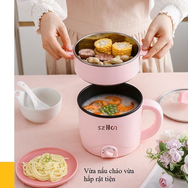 Nồi điện mini đa năng chống dính 2 tầng 2 nấc nhiệt SZHCN dùng ăn lẩu, nấu mì chiên xào luộc hấp nhỏ ngọn tiện dụng