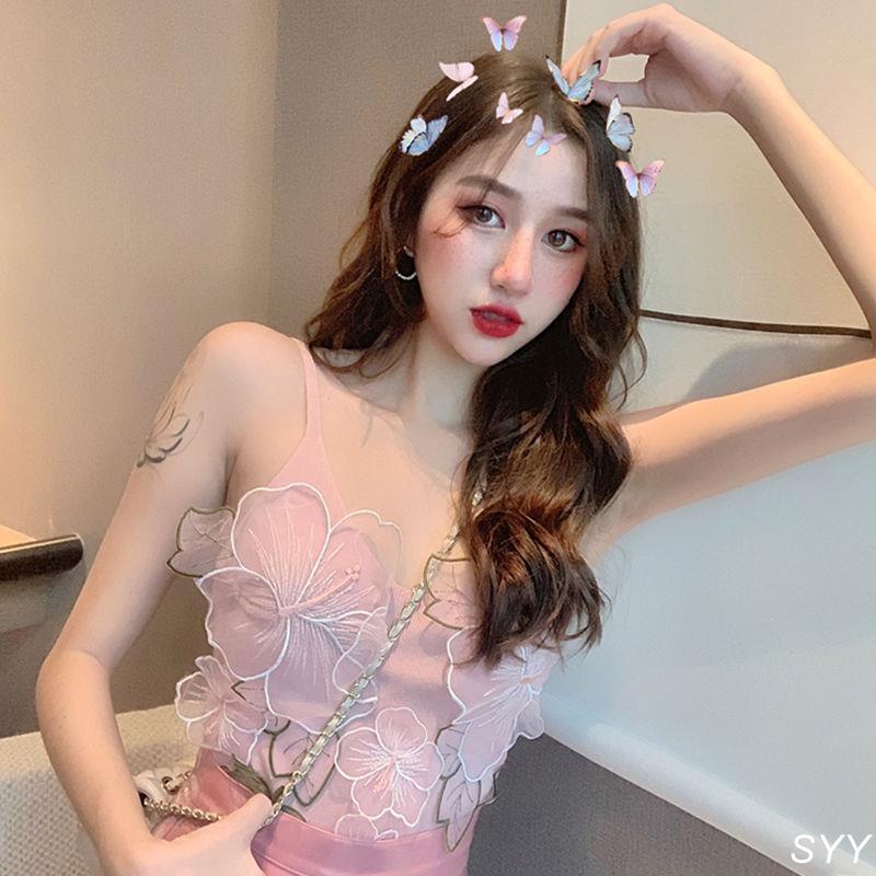 Hàng Có Sẵn Áo Dệt Kim Ngắn Hai Dây Thêu Họa Tiết Ba Chiều Thời Trang Mùa Hè Cho Nữ