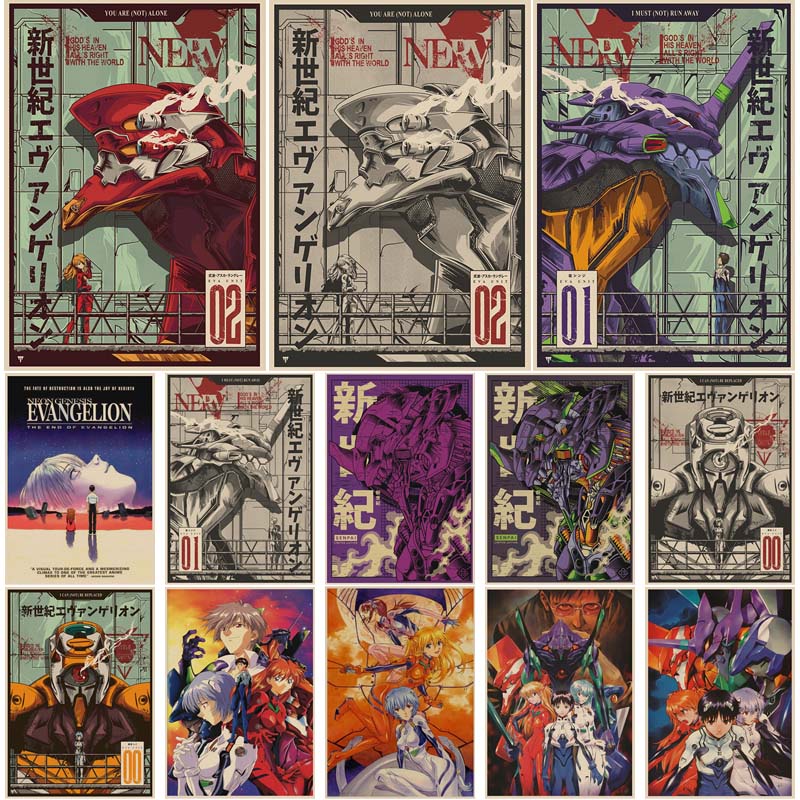 Áp Phích Giấy Kraft Nâu Hoạt Hình Evangelion Nhật Bản Trang Trí Tường Phòng Ngủ