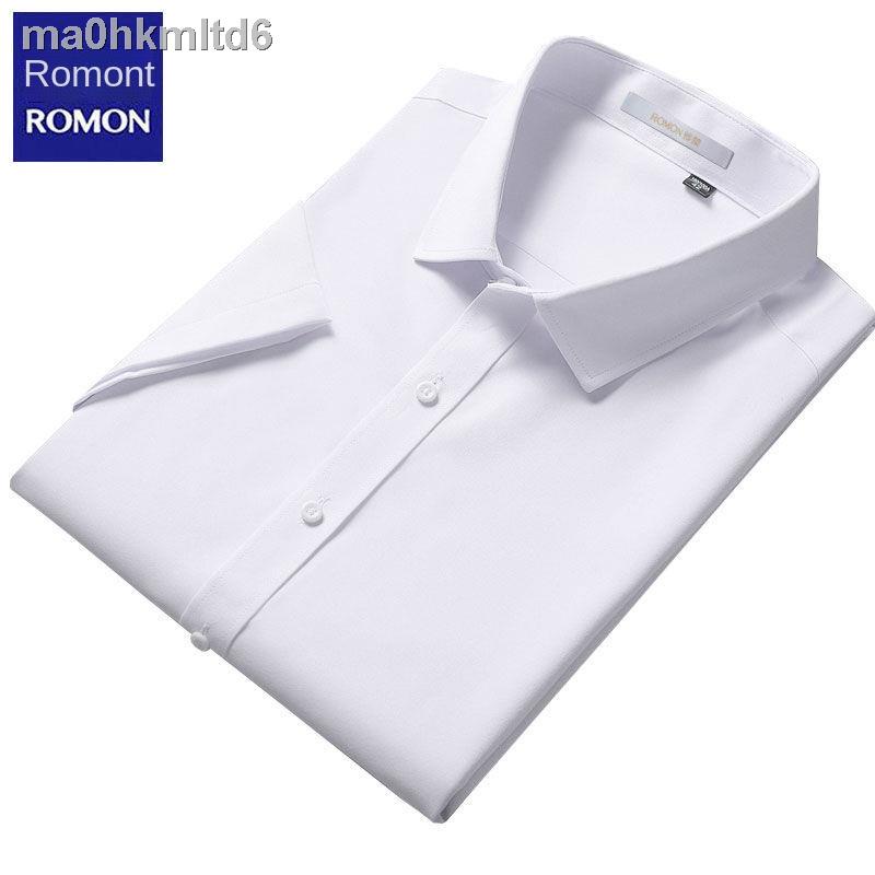 ✽✷Romon rắn màu áo sơ mi nam ngắn tay mùa hè mỏng công sở trắng-inch phi sắt dài xu hướng nửa