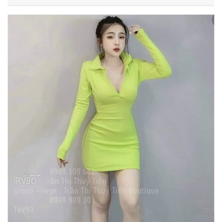 Đầm body kiểu tay dài cổ bẻ trơn màu xinh