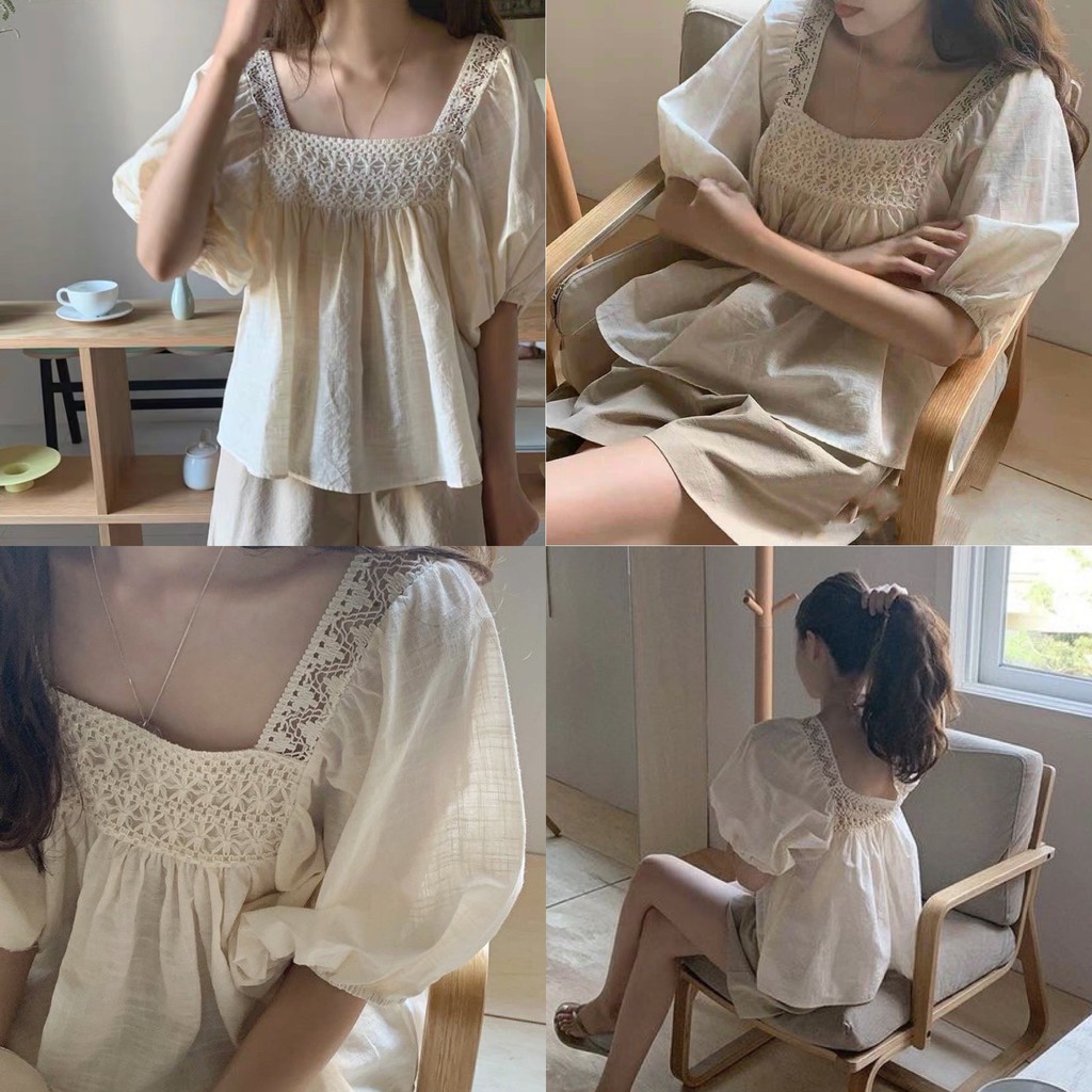 SET BỘ ĐŨI CỔ VUÔNG REN MIX QUẦN ĐÙI KEM NÂU QUẢNG CHÂU XINH XẮN