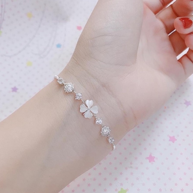 Lắc tay nữ bạc ý, dây rút điều chỉnh size, cỏ 4 lá đá lấp lánh nhẹ nhàng tinh tế Mainomi Shop Bạc Xinh