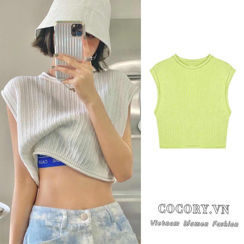 Cocory vn  Áo Croptop Dệt Kim Không Tay Dáng Rộng Thời Trang Mùa Hè Cho Nữ
