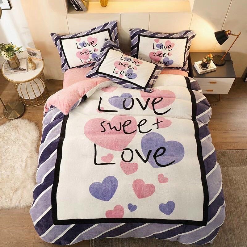 TRỌN BỘ CHĂN GA GỐI NỈ NHUNG 3D CAO CẤP, SÉT 4 MÓN 1 VỎ CHĂN 2 VỎ GỐI 1 GA NỈ NHUNG