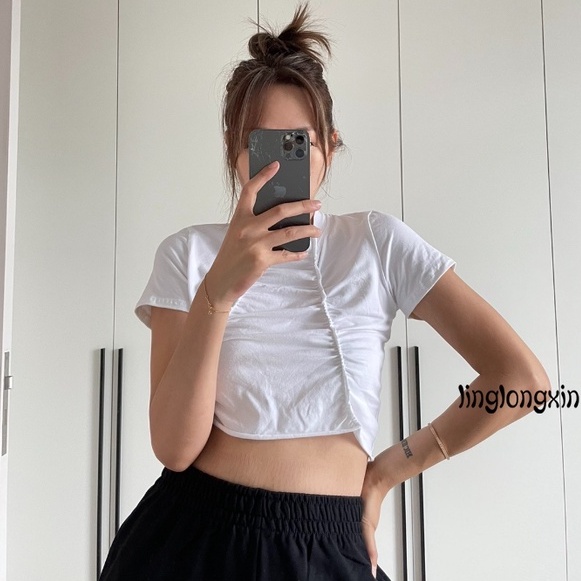 Áo Thun Croptop Tay Ngắn Cổ Cao Màu Trơn Thời Trang Cho Nữ Linglongxi2
