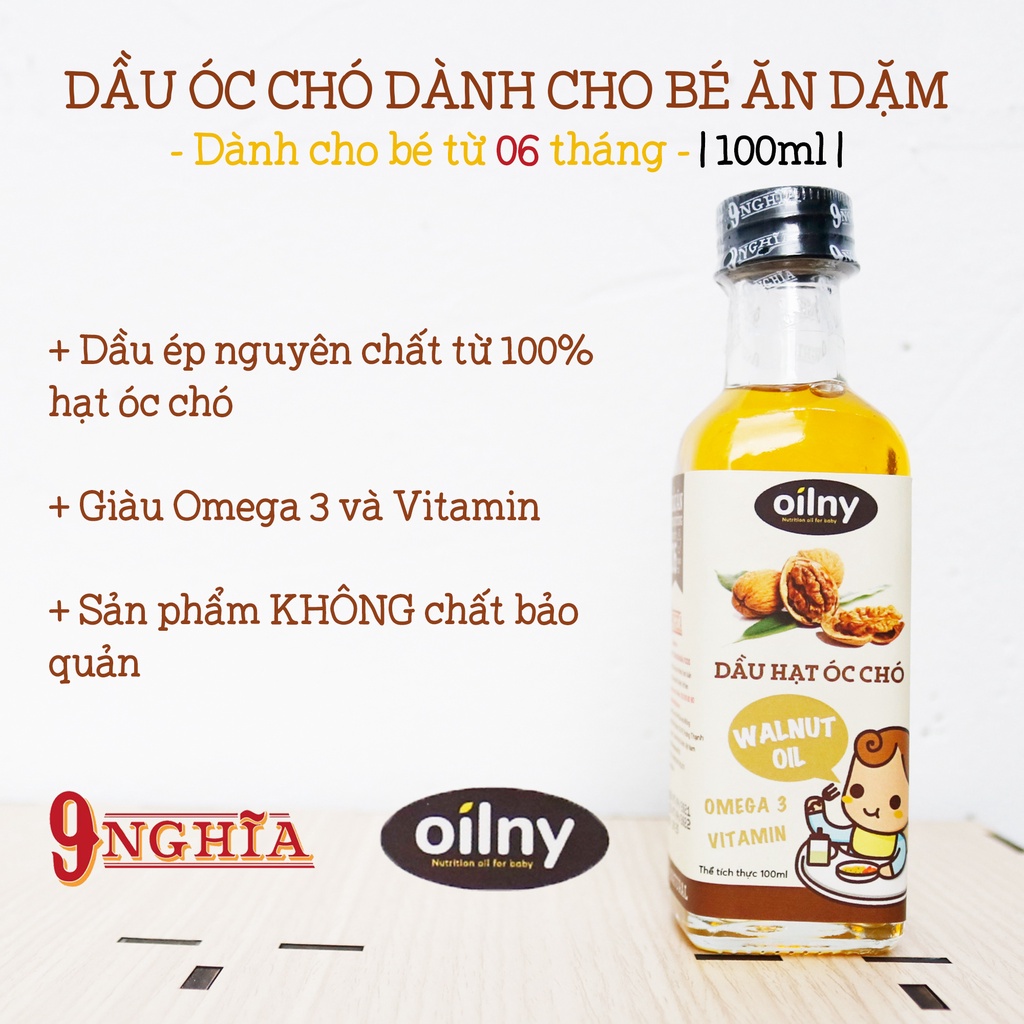 Dầu Mè đen/Óc chó/Sachi/Macca/Hạnh nhân/Hạt chia/Olive cho bé 100ml OILNY 9-NGHĨA | Gia vị ăn dặm dành cho bé từ 6 tháng