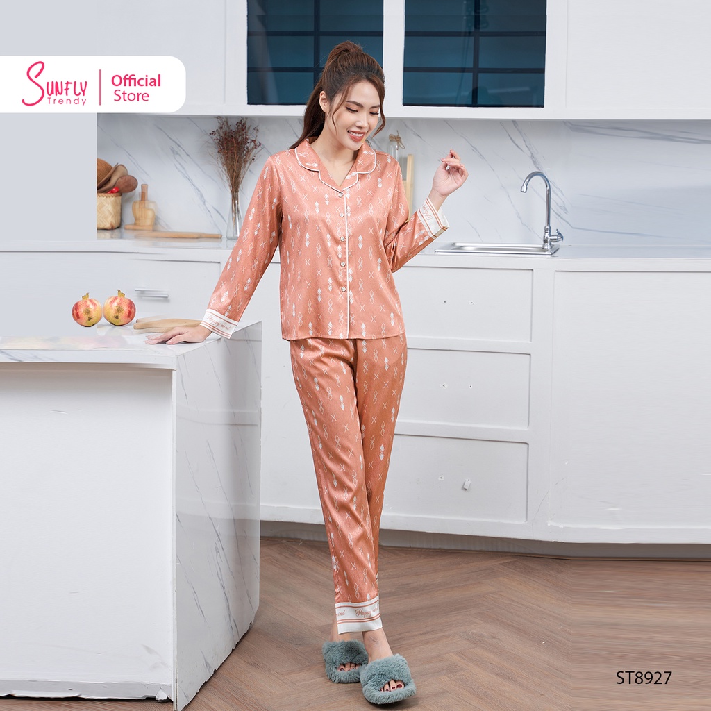 Bộ Đồ Mặc Nhà Nữ Pyjamas Lụa Vân Gỗ SUNFLY Áo Tay Dài Quần Dài ST8927