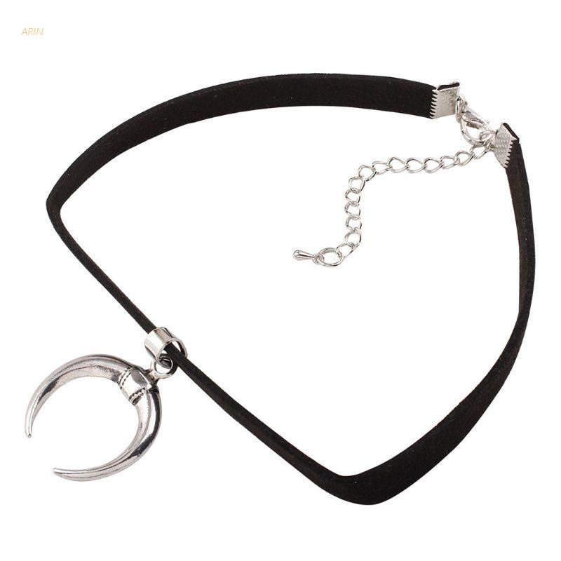 Vòng cổ choker da PU màu đen đính mặt trăng thủ công phong cách Gothic quyến rũ đơn giản cho nữ