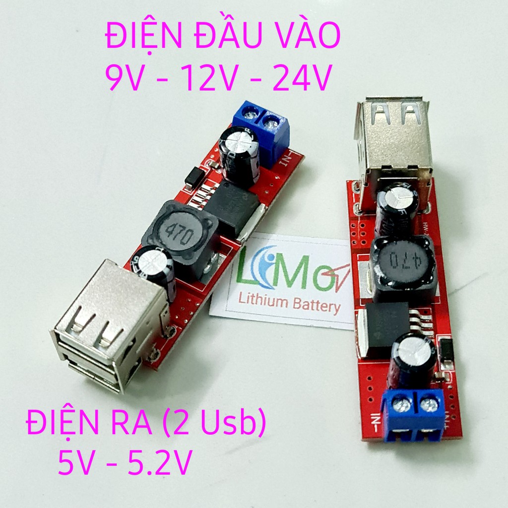 Mạch sạc điện thoại 5.2V 3A. Chế sạc điện thoại trên ô tô, xe máy. Điện vào 9V - 24V. Điện áp ra 2 USB 5V 3A - LIMO