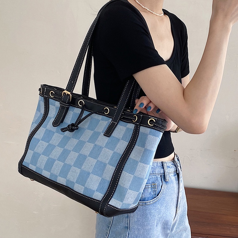 Túi đeo vai IELGY bằng vải canvas cỡ lớn họa tiết kẻ ô đơn giản thời trang cho nữ