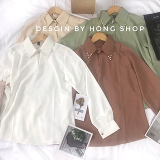 Áo sơ mi nữ dài tay cổ đính ngọc