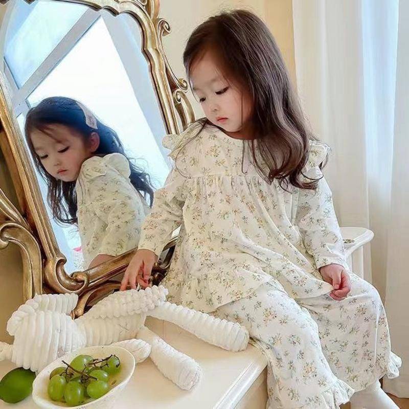 Bộ Đồ Ngủ Cotton Tay Dài Thoải Mái Phong Cách Công Chúa Hàn Quốc Cho Bé Gái