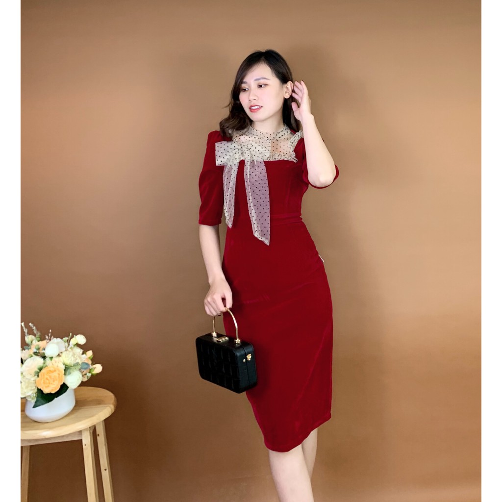 Váy nhung body cổ phối ren chấm bi Emvy - K4 | BigBuy360 - bigbuy360.vn