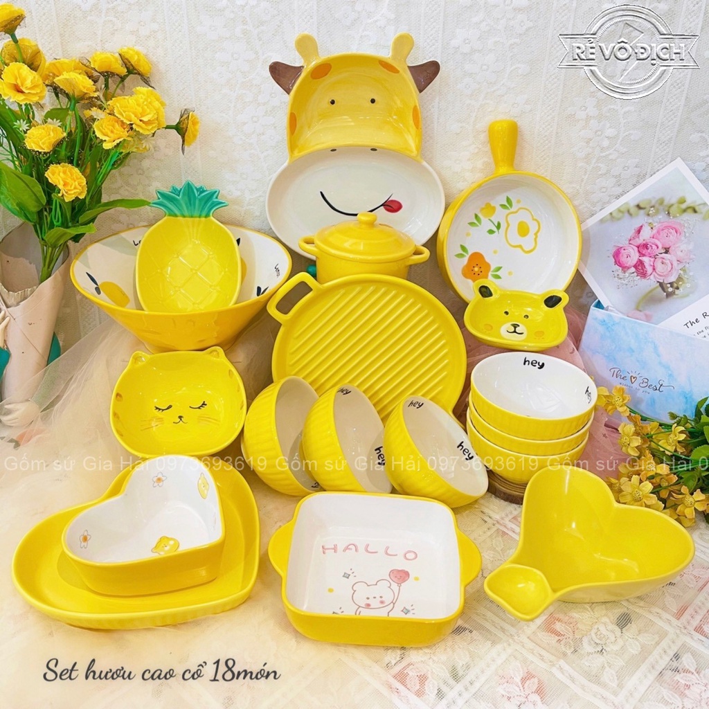 Bát đĩa gốm sứ decor trang trí đồ ăn set hươu cao cổ vàng 18 món cực kỳ đẹp