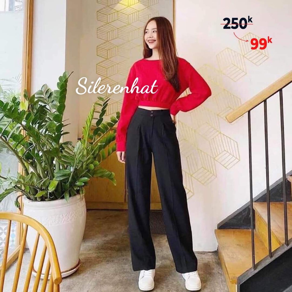 Quần ống rộng nữ xuông cullotes dài 2 khuy chất đũi siêu mát