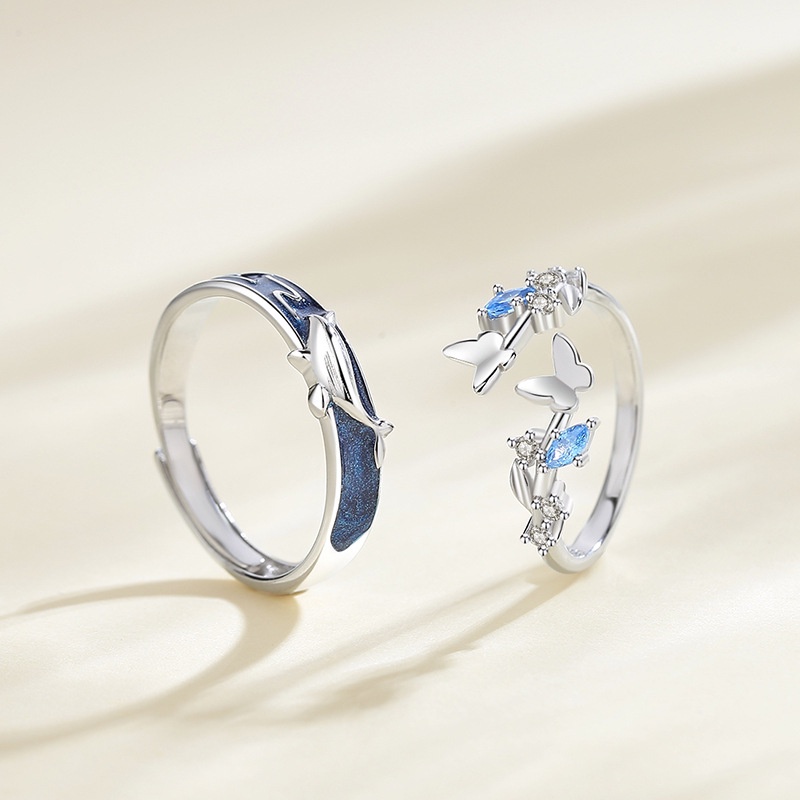 Nhẫn Mạ Bạc 925 Hình Cá Voi Và Bướm Đính Đá Zircon Xanh Dương Phong Cách Trung Hoa Thích Hợp Làm Quà Tặng Cho Cặ
