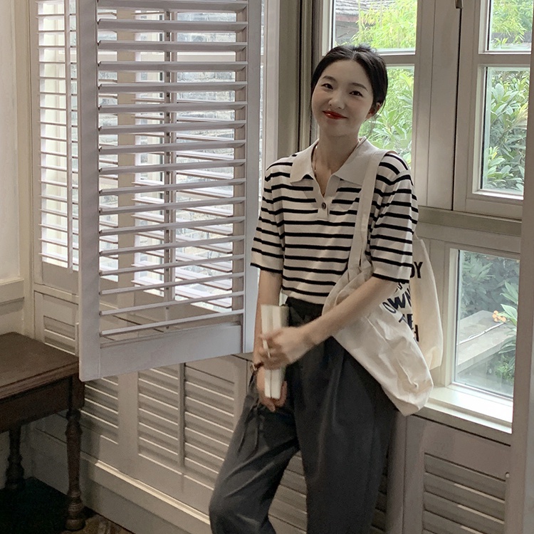 Áo thun dệt kim tay ngắn dáng rộng kẻ sọc phong cách retro hàn quốc dễ phối đồ cho nữ  Xiaozhainv