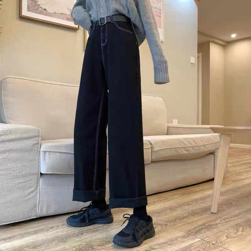 Quần jean ống rộng nữ Lylyshop Unisex chất vải jean dày dặn phối viền chỉ nổi phong cách cá tính