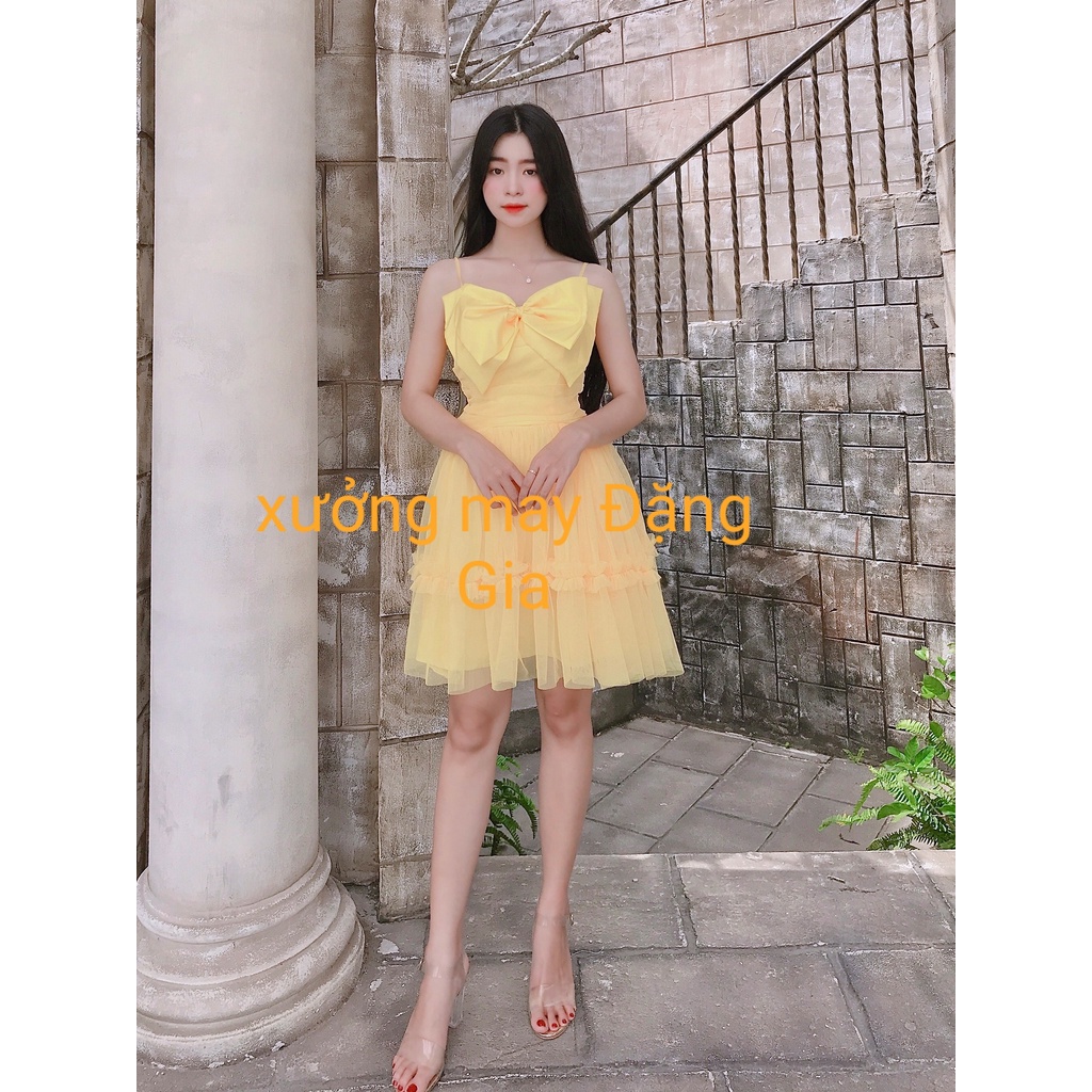 đầm dự tiệc nơ ngực, đầm lưới tầng nơ ngực xinh xắn DG4218