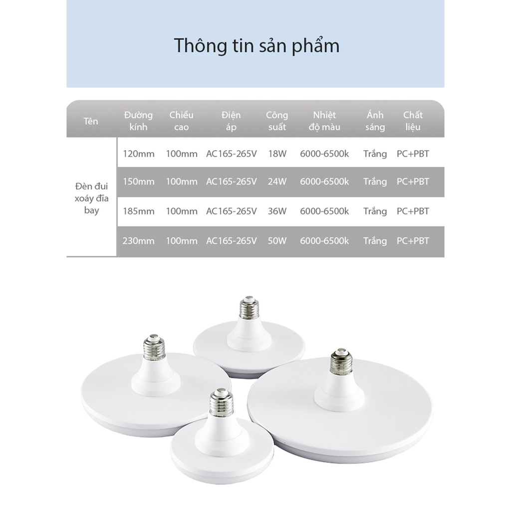 Bóng đèn led tròn hình đĩa bay tiết kiệm điện công suất 18W-24W-36W-50W đuôi vít xoắn E27 ánh sáng trắng_DDB