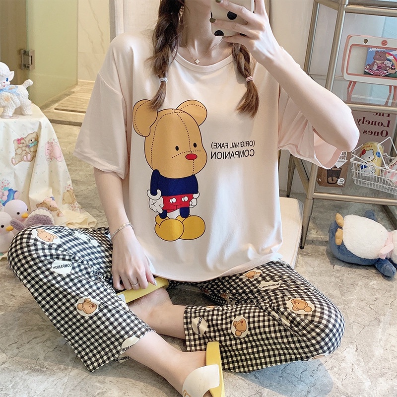 Bộ quần dài nữ, bộ mặc nhà nữ tay ngắn nhiều icon chất cotton thái mát FREESIZE &lt;60kg SKUS-59
