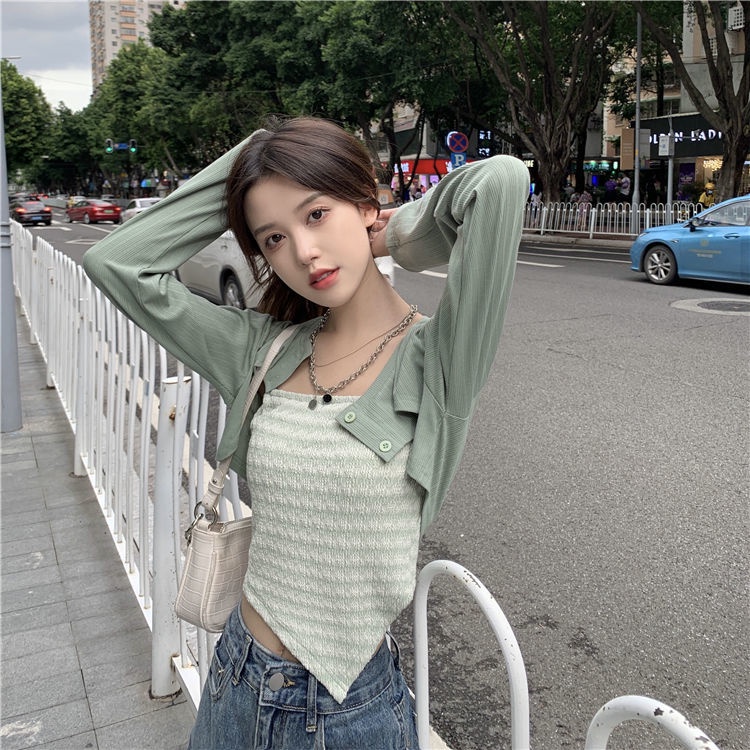 Set Len 2 Món Áo Croptop Họa Tiết Sọc + Áo Khoác Cardigan Có Nút Cài Hàng Quảng Châu Siêu Đẹp | Smide Clothing