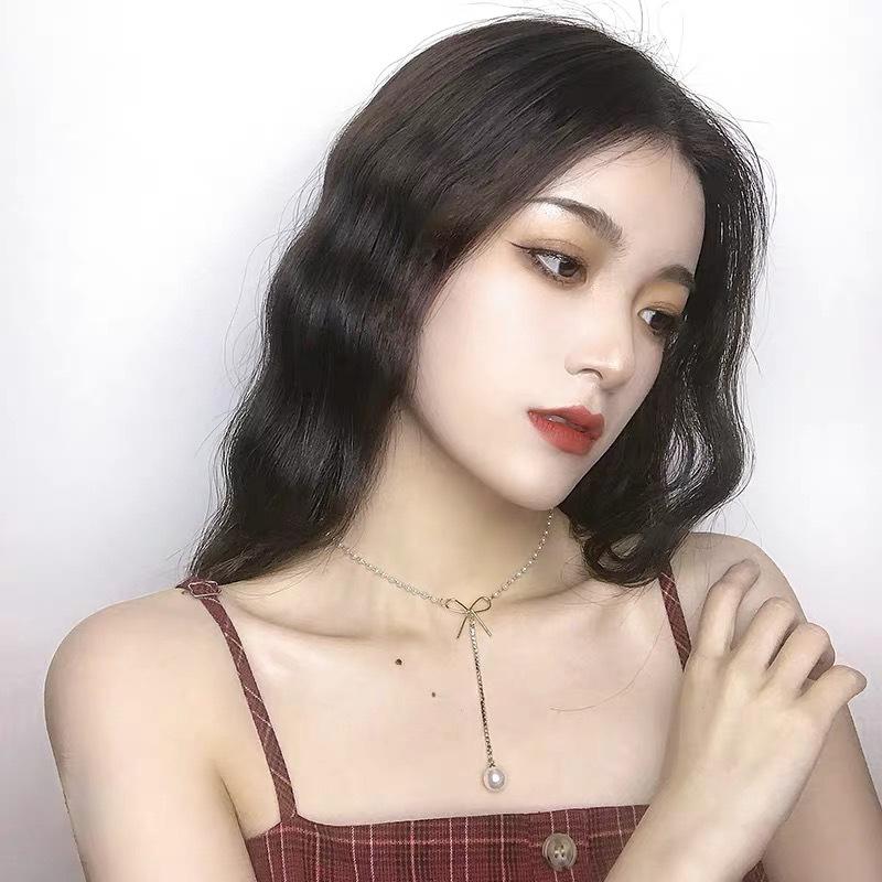 Vòng cổ dáng dài phối ngọc trai / nơ phong cách đối lập Hàn Quốc thời trang cổ điển quyến rũ cho nữ