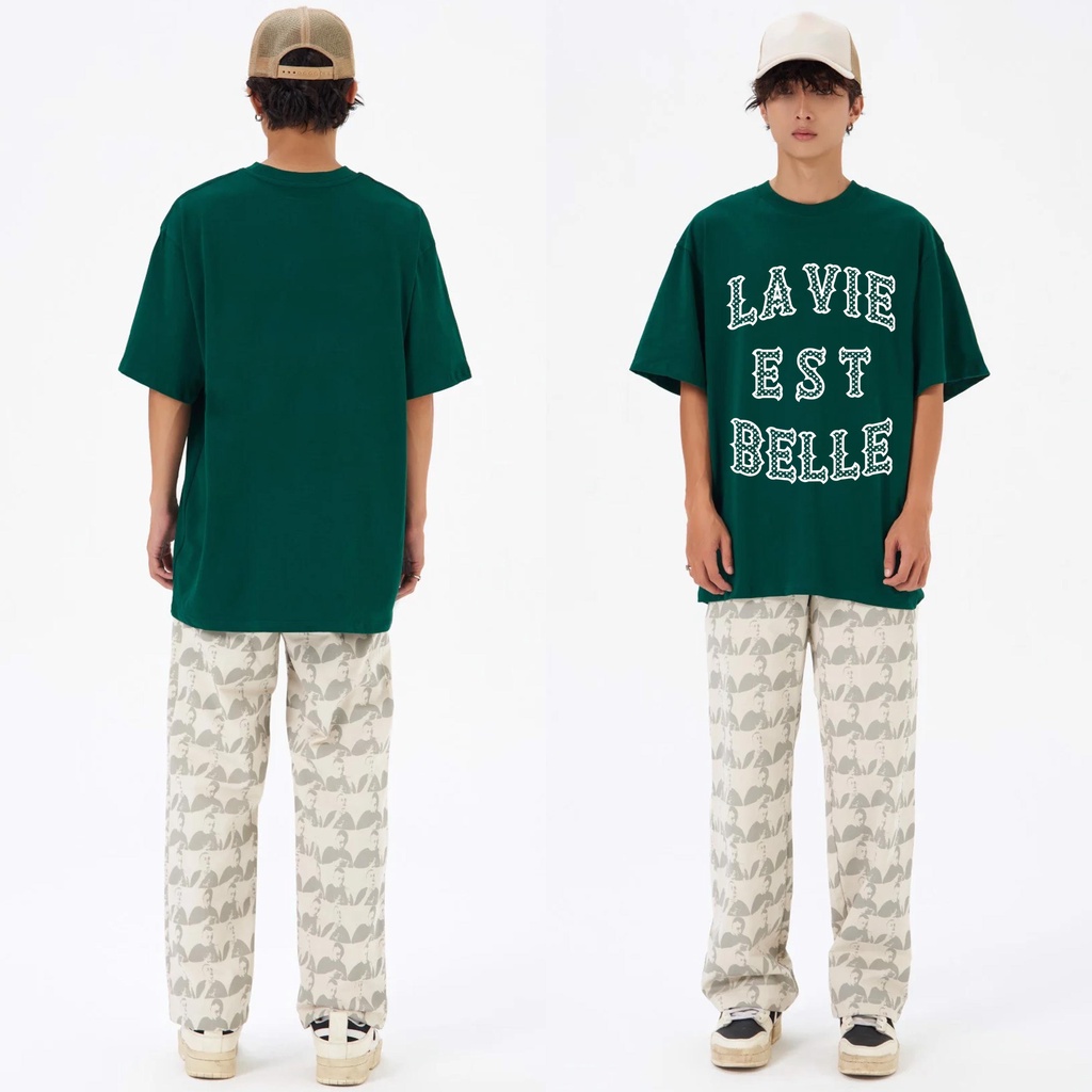 Áo thun xanh ATHANOR tay lỡ unisex chất cotton premium mẫu LA VIE EST BELLE STAR