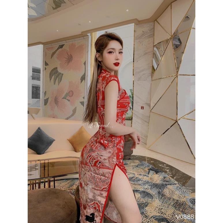 Đầm Body Đỏ Cổ Tàu, Sườn Xám Cách Tân Họa Tiết Ngày Tết Hàng Quảng Châu Form Dáng Siêu Đẹp. | BigBuy360 - bigbuy360.vn