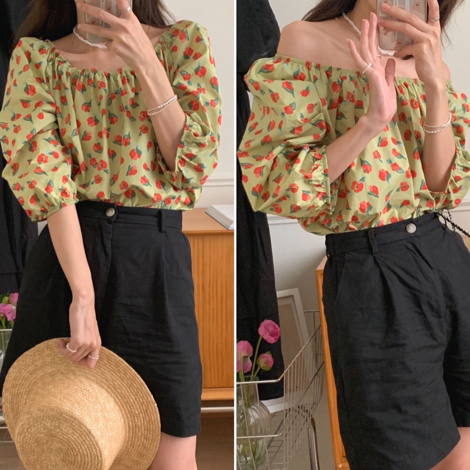 Áo Trễ Vai Tay Ngắn In Hoa Phong Cách Hàn Quốc Dễ Thương 52116