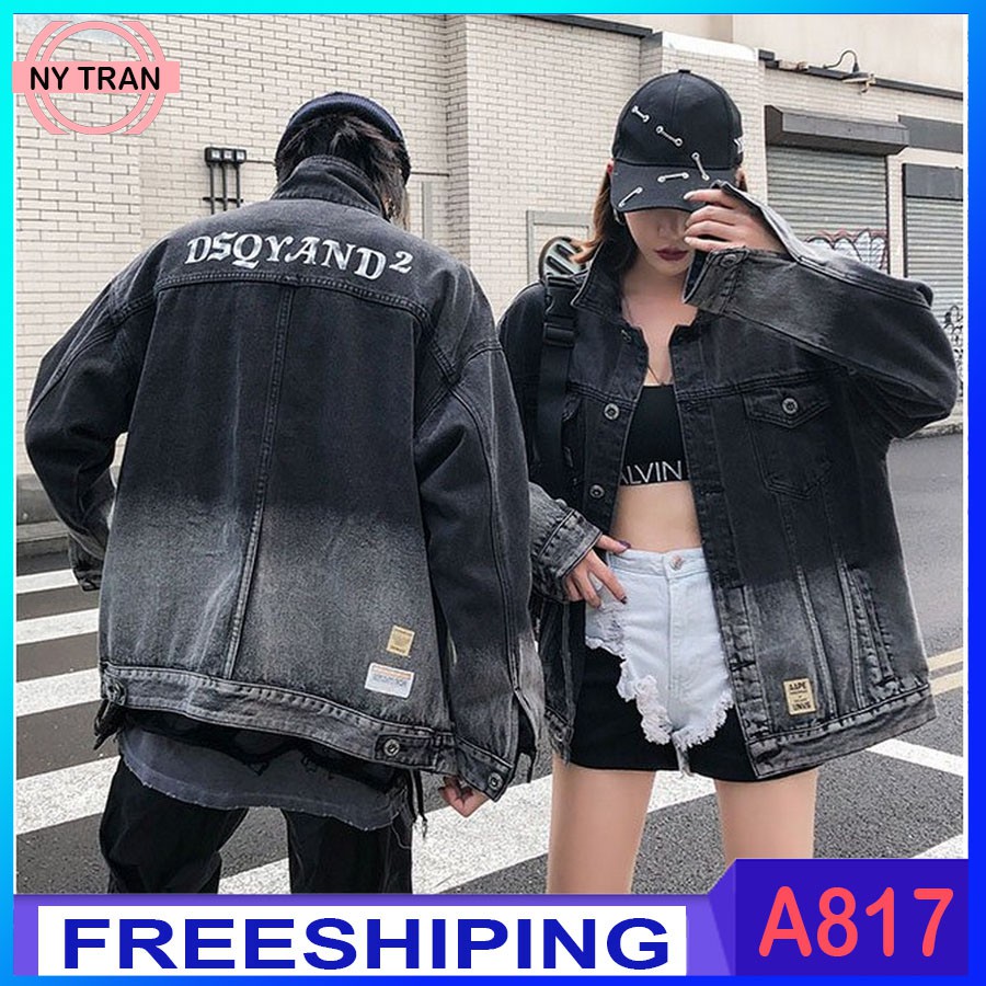 Áo khoác jean nam chất đẹp A817 áo khoác denim nam đen phối xám in chữ DSQRAND donghonytran