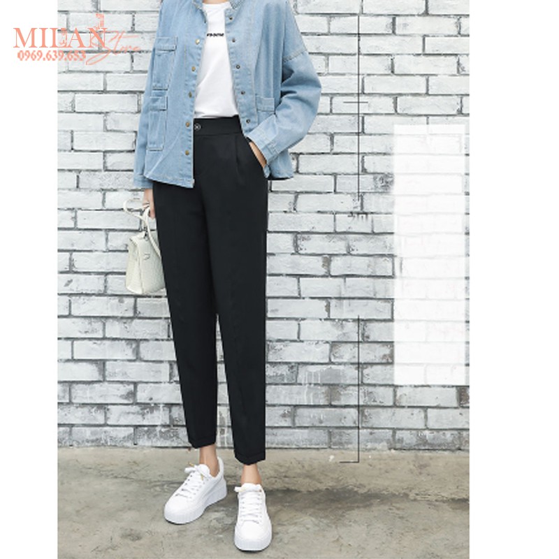 Quần tây ống đứng đi học làm công sở cho nữ cạp lưng cao - Dáng quần baggy vải Vitex màu đen dày dặn phối áo sơ mi đẹp
