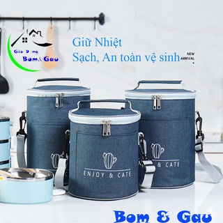 Túi đựng hộp cơm 2 tầng, 3 tầng hình trụ có quai đeo, khóa kéo, túi giữ nhiệt 3 lớp chống thấm tiện dụng