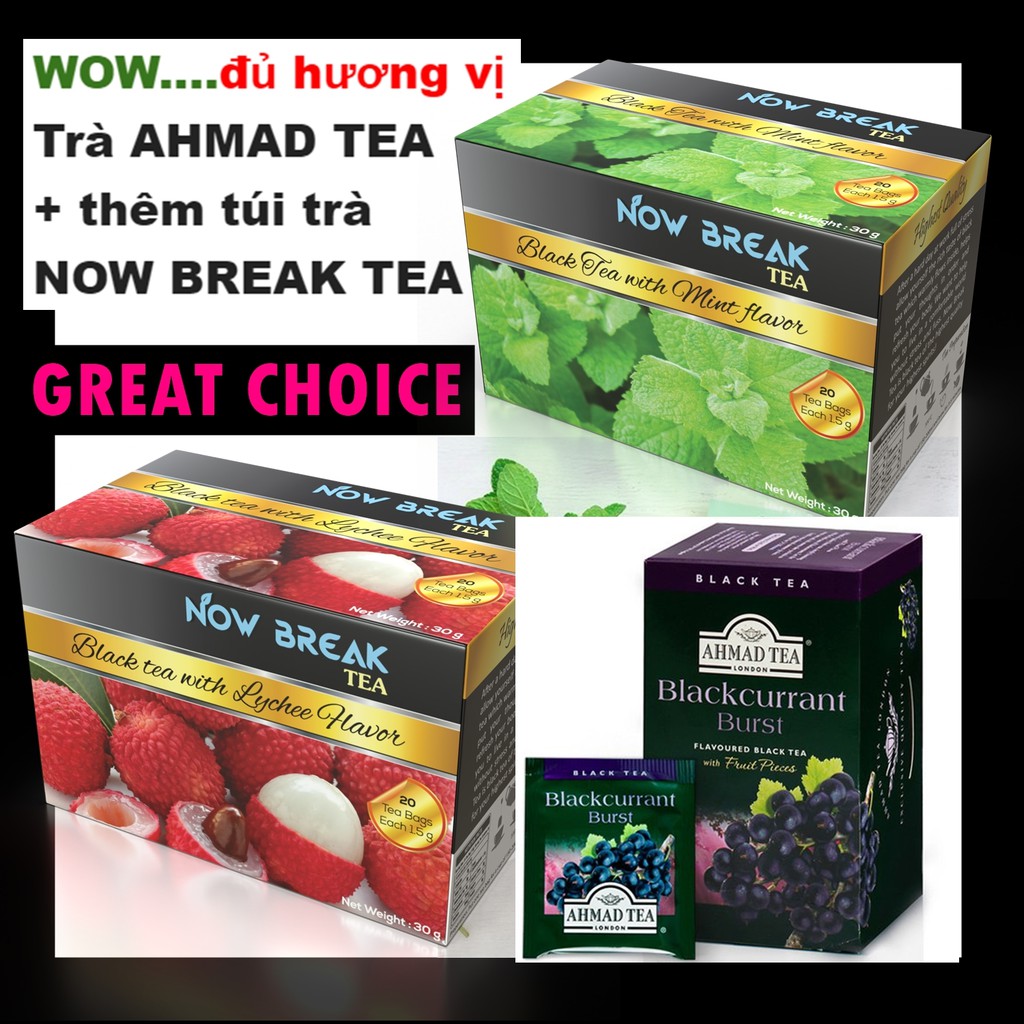 01 hộp trà PHÚC BỒN TỬ ĐEN Ahmad Tea và thêm 10 túi trà Now Break Tea (5 túi trà BẠC HÀ và 5 túi TRÀ VẢI)