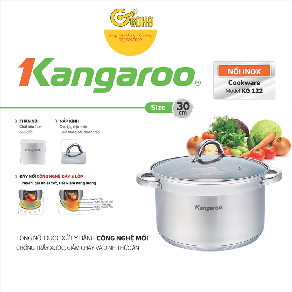 KG122 - Nồi luộc gà inox cao cấp  30cm - 14L, 5 lớp kangaroo, quai inox đinh tán sáng bóng gắnchắc, nồi có thang chia