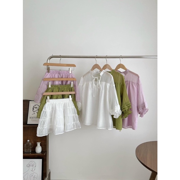 Set áo tơ babydoll &amp; chân váy xếp tầng cạp chun